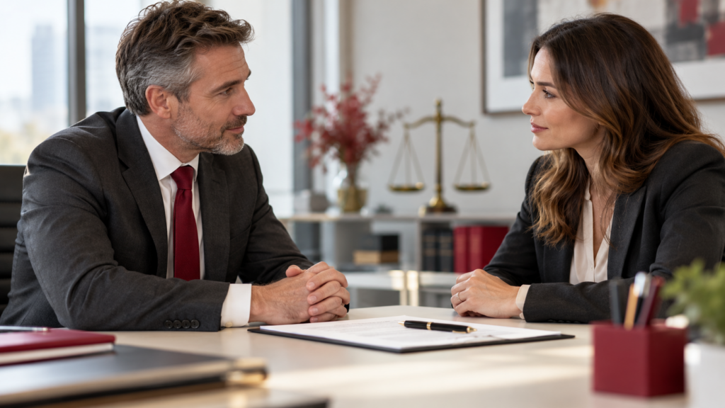 Two business professionals discussing an employment settlement agreement across a desk