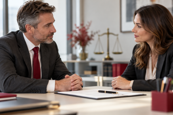 Two business professionals discussing an employment settlement agreement across a desk